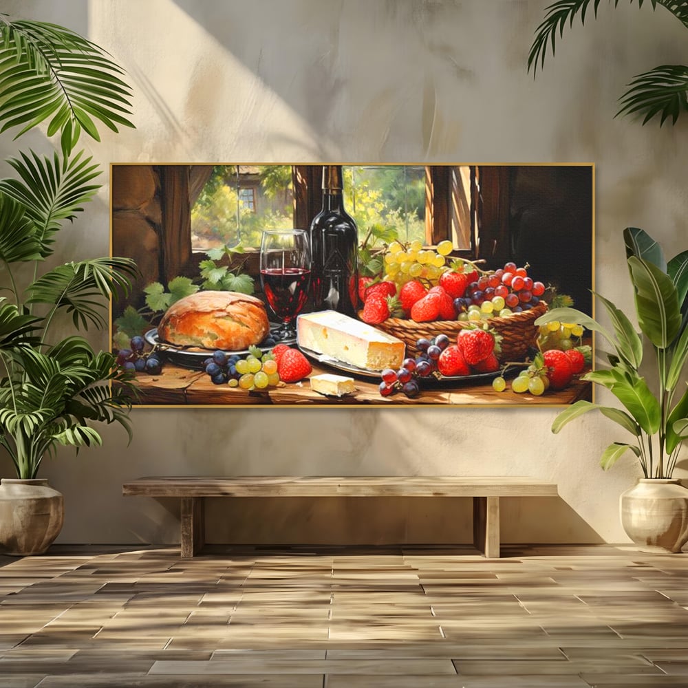 Tablou canvas cu natura moarta cu paine si vin, in rama de aluminiu auriu